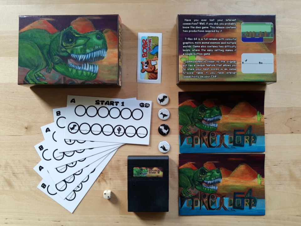 Cartridge box for Double Dino with t-Rex dinosaur drawn with crayons, a cartridge, board game and postcards