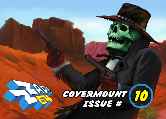 Disk label covermount for Zzap! 64 issue #10 representing a skeleton of a cowboy that has two revolvers ready to shoot