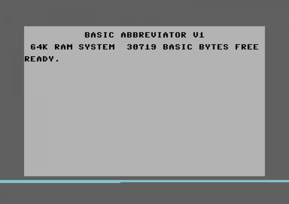 Grey screen with the BASIC ABBREVIATOR V1 title and READY prompt