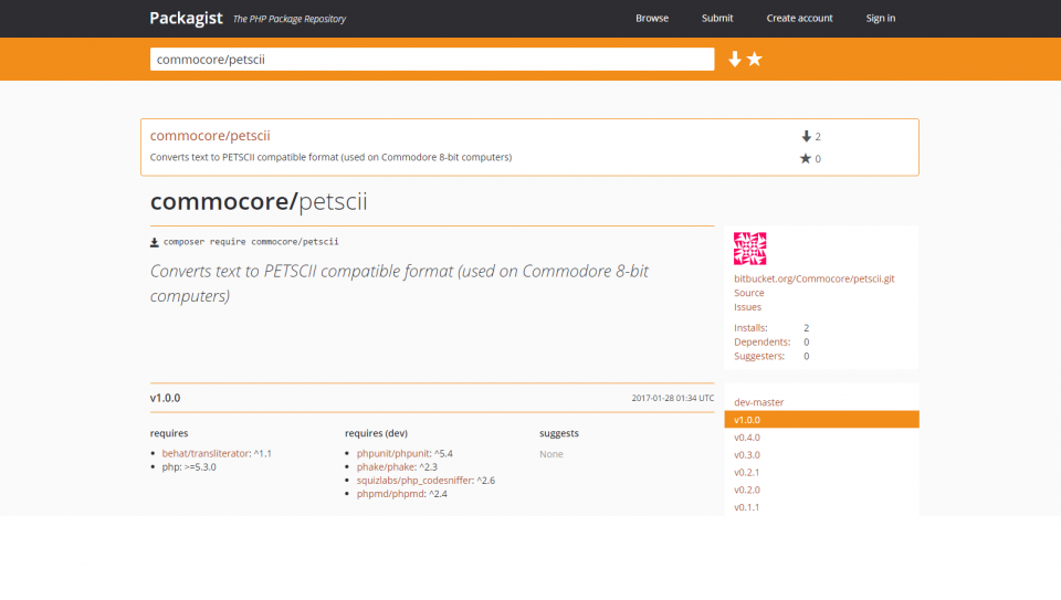 Petscii package on Packagist website that lists PHP Composer packages.